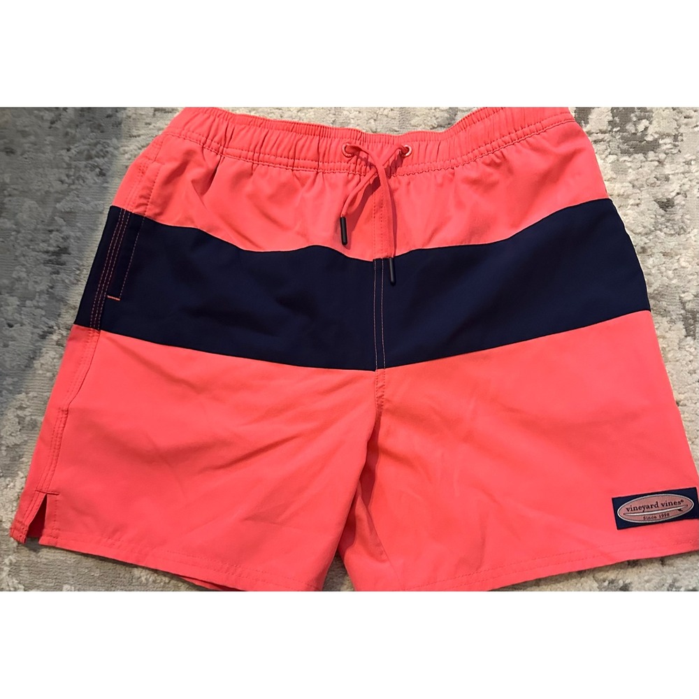 Vineyard Vines Boys Swim Trunks Coral Pink Navy Blue Stripe Board Shorts Size L